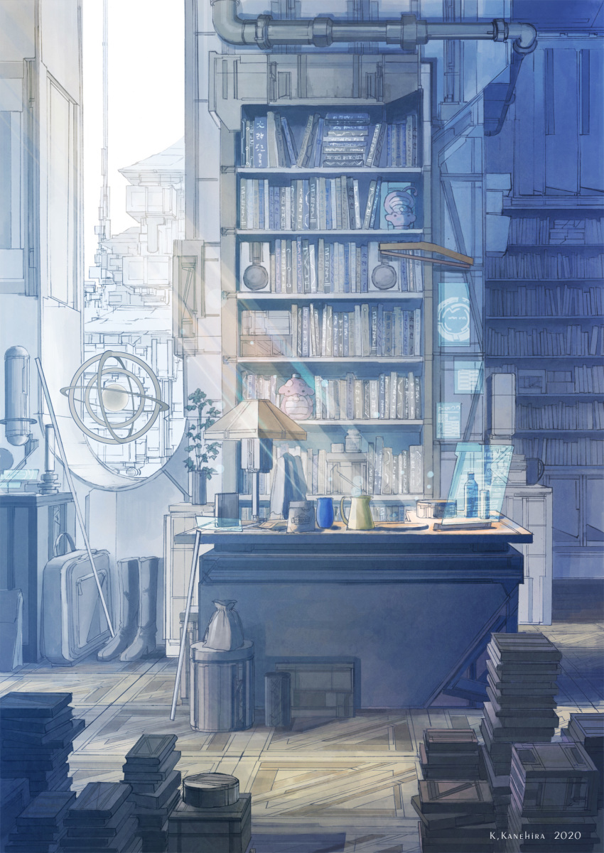 book bookshelf boots cup highres holographic_interface k_kanehira lamp lampshade no_humans original scenery suitcase