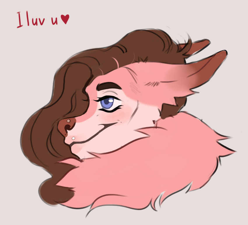 &lt;3 absurd_res anthro blue_eyes blush brown_hair brown_nose canid canine canis charlotte_genevieve domestic_dog ears_up english_text eyebrows female fluffy fur glistening hair headshot_portrait hi_res mammal message neck_tuft nordic_sled_dog pink_body pink_fur portrait raised_eyebrow samoyed shouler_shurka side_view simple_background smile solo spitz text tuft wavy_hair