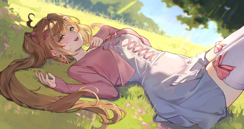1girl ahoge bow brown_hair dress grass green_eyes hair_ornament hairpin highres lips long_hair lying on_back open_mouth original pink_bow pink_nails sakichka sleeves_past_wrists solo thighhighs twintails white_dress white_thighhighs