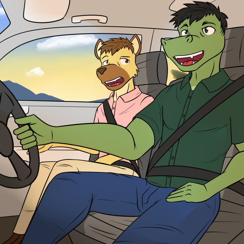 1:1 alligator alligatorid car clothed clothing crocodilian driving duo fully_clothed fuze hi_res hyaenid male mammal reptile scalie sitting vehicle