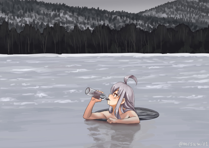 1girl ahoge alcohol bare_shoulders commentary_request drinking facial_scar forest frozen_lake gangut_(kantai_collection) grey_hair kantai_collection misumi_(niku-kyu) nature orange_eyes scar scar_on_cheek sidelocks solo tree twitter_username vodka