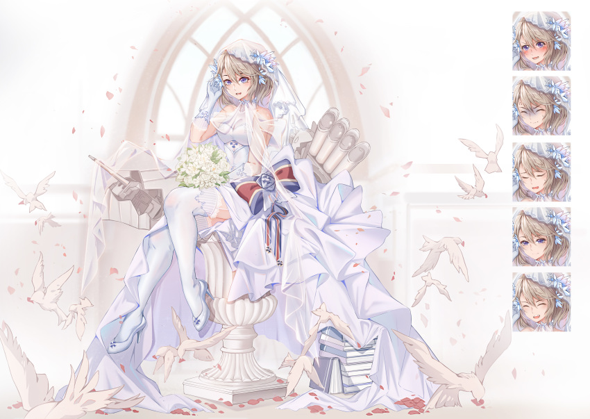 1girl 333_(pixiv8601259) absurdres alternate_costume arm_up azur_lane bare_shoulders bird blonde_hair blush book bouquet breasts bridal_veil bride closed_eyes commentary_request cross dress elbow_gloves eyebrows_visible_through_hair flower gloves hair_between_eyes hair_flower hair_ornament highres long_hair looking_at_viewer medium_breasts multiple_views open_mouth petals pigeon purple_eyes shoes short_hair sitting smile solo thighhighs torpedo_tubes turret veil wedding_dress white_background white_dress white_footwear z23_(azur_lane)
