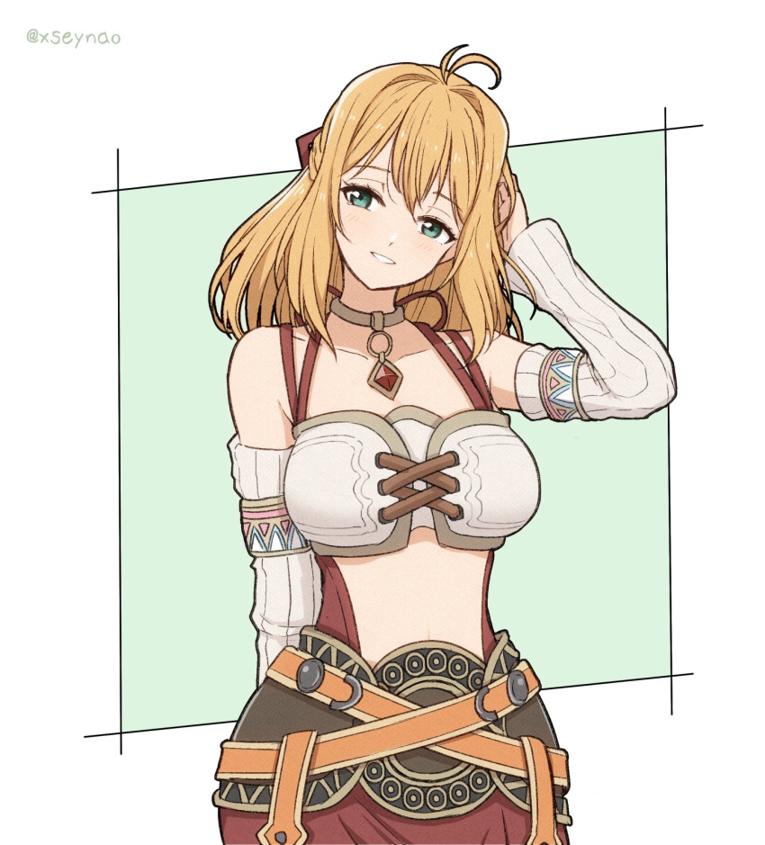 1girl ahoge blonde_hair blush breasts choker cowboy_shot detached_sleeves fiorun green_eyes highres jewelry long_hair midriff mochimochi_(xseynao) necklace smile solo twitter_username white_background xenoblade_(series) xenoblade_1