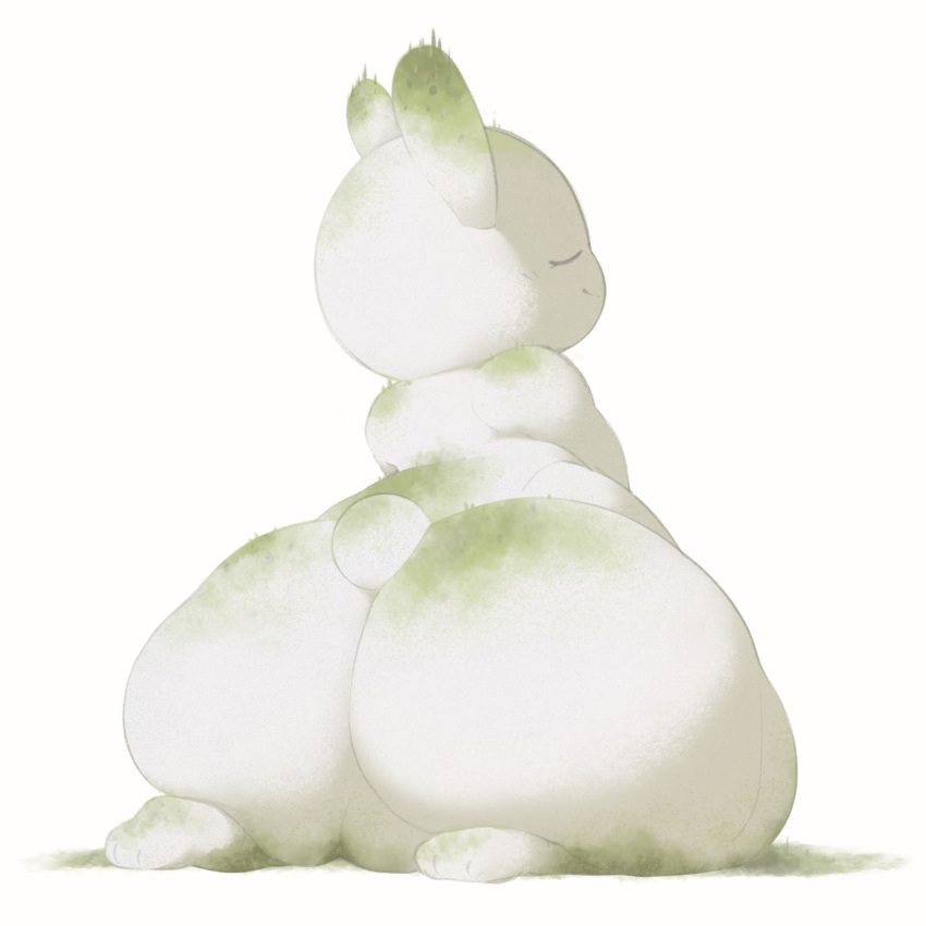 1:1 anthro big_butt biped butt closed_smile digital_drawing_(artwork) digital_media_(artwork) elemental_creature eyes_closed featureless_crotch feet female grey_body hi_res huge_butt kneeling lagomorph leporid mammal mineral_fauna moss mouth_closed nude plant rabbit rear_view rock rock_creature sculpture short_tail simple_background sitting smile solo statue tail white_background white_slime_(artist)