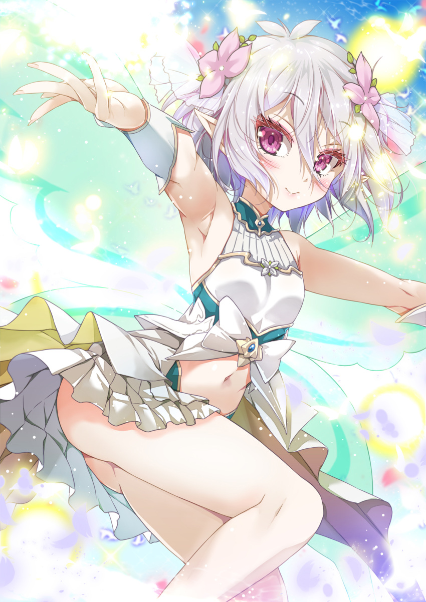 1girl armpits bangs bare_shoulders boots breasts collared_dress eyebrows_visible_through_hair flower hair_between_eyes hair_flower hair_ornament highres kokkoro_(princess_connect!) leg_up light_particles looking_at_viewer navel outstretched_arms pink_flower porurin princess_connect! princess_connect!_re:dive princess_form_(princess_connect!) red_eyes short_hair sidelocks silver_hair small_breasts solo