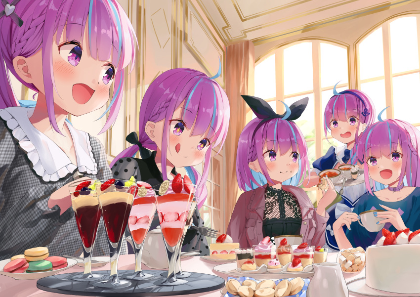 5girls :d :q absurdres anchor_hair_ornament bangs black_hairband black_ribbon blue_hair blue_hairband blue_nails blue_skirt bow_hairband braid cake closed_mouth collar colored_inner_hair commentary_request cup eating eyebrows_visible_through_hair food food_on_face frilled_shirt_collar frills grey_shirt hair_ornament hair_ribbon hairband highres holding holding_cup holding_food holding_tray hololive indoors jacket long_hair looking_at_another matcha_(user_yyss8744) minato_aqua multicolored_hair multiple_girls multiple_persona nail_polish open_clothes open_jacket open_mouth parfait pink_jacket plate polka_dot polka_dot_shirt purple_collar purple_eyes purple_hair ribbon shirt short_hair skirt smile strawberry_cake sweets tongue tongue_out tray twintails virtual_youtuber