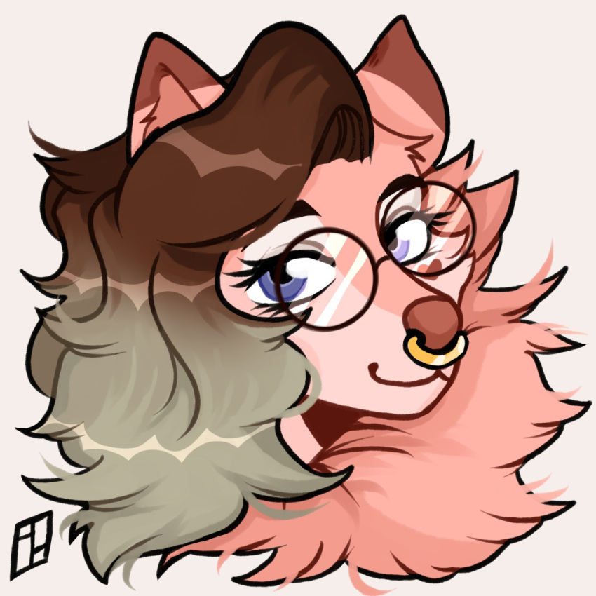 &lt;3 1:1 anthro blue_eyes blush brown_body brown_fur brown_hair brown_nose canid canine canis charlotte_genevieve domestic_dog dyed-hair ears_up eyebrows facial_piercing female fluffy fur grey_hair hair harald_horfager headshot_portrait hi_res looking_at_viewer mammal neck_tuft nordic_sled_dog nose_piercing nose_ring piercing pink_body pink_fur portrait raised_eyebrow samoyed signature simple_background smile solo spitz tuft wavy_hair