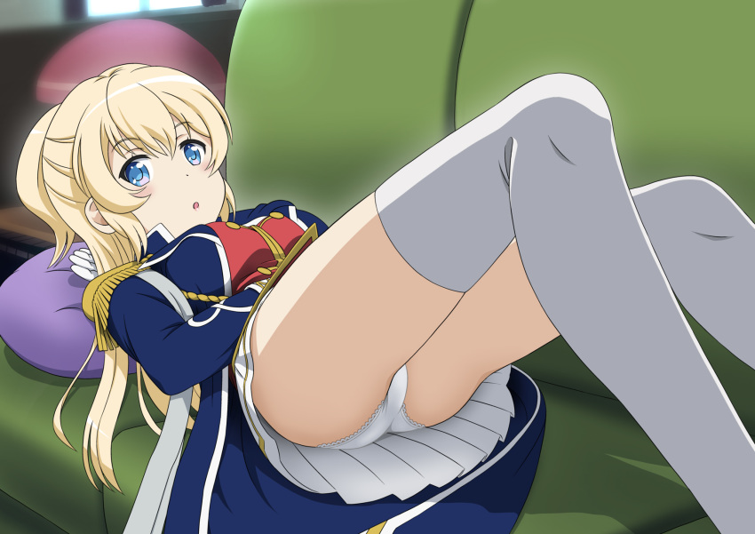 1girl blonde_hair blue_eyes blush breasts couch eyebrows_visible_through_hair gloves highres hiraizumi_(mugenkidousha) indoors large_breasts long_hair looking_at_viewer lying military military_uniform miniskirt on_back on_couch open_mouth panties pantyshot pillow regalia_the_three_sacred_stars shiny shiny_hair skirt solo thighhighs underwear uniform upskirt white_gloves white_legwear white_panties white_skirt yuinshiel_asteria