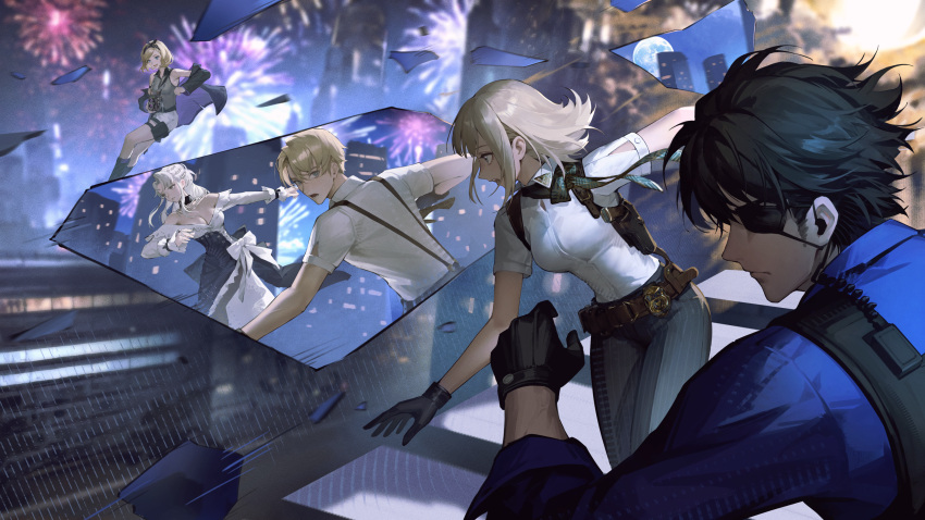 2boys 3girls absurdres aerial_fireworks anita_(echoes_of_vision) belt black_dress black_gloves black_hair blonde_hair blue_shirt breasts broken_mirror canine_(echoes_of_vision) collared_shirt commentary_request different_reflection dress echoes_of_vision eyepatch female_section_chief_(echoes_of_vision) fireworks gloves gracey_(echoes_of_vision) green_eyes grey_hair gun highres holding holster iamc95 jacket looking_at_mirror maid_headdress male_section_chief_(echoes_of_vision) medium_hair mirror multiple_boys multiple_girls necktie night outdoors pants reflection running section_chief_(echoes_of_vision) shirt short_hair shorts suspenders weapon white_hair white_shirt yellow_eyes