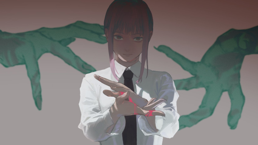 1girl black_neckwear blood bloody_hands brown_hair chainsaw_man closed_mouth collared_shirt expressionless hands hands_together highres long_sleeves looking_at_viewer makima_(chainsaw_man) medium_hair necktie neckwear ringed_eyes shadowed_face shirt short_hair simple_background solo suruga_24 upper_body white_shirt