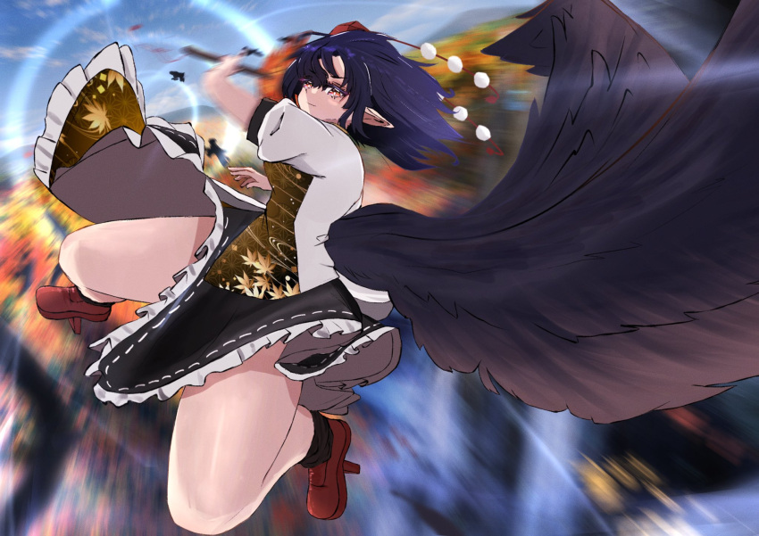 1girl bird_wings black_hair black_skirt black_wings blurry blurry_background commentary_request geta hat hauchiwa highres leaf_print maple_leaf_print outdoors pointy_ears pom_pom_(clothes) red_hat red_shoes ribbon-trimmed_skirt ribbon_trim shameimaru_aya shoes skirt solo tengu tengu-geta tokin_hat tooya0130 touhou wings