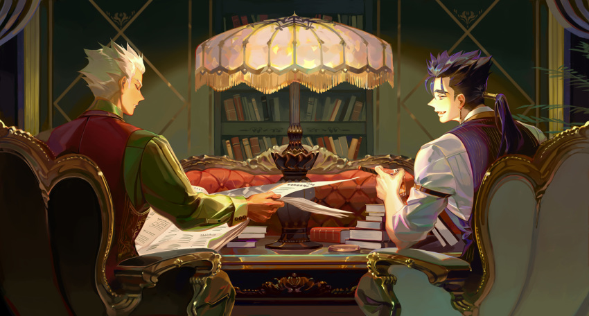 2boys archer armchair ashtray book book_stack bookshelf chair closed_eyes collared_shirt cu_chulainn_(fate)_(all) cup curtains dark_skin dark_skinned_male drinking_glass earrings fang fate/grand_order fate_(series) from_behind green_shirt hair_slicked_back holding holding_cup holding_newspaper indoors jewelry lamp lancer looking_at_another male_focus multiple_boys newspaper parted_lips ponytail purple_hair purple_vest reading red_eyes red_vest shirt sleeves_rolled_up smile spiked_hair table taro-k vest white_legwear white_shirt