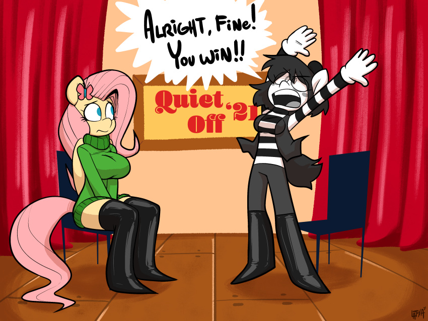 4:3 absurd_res anthro anthrofied beret boots clothing dialogue english_text equid equine fan_character fluttershy_(mlp) footwear friendship_is_magic gloves handwear hat headgear headwear hi_res horse izzy izzy_(oc) mammal milkandjuice mime my_little_pony pegasus plantigrade pony sitting stage sweater text topwear wings yelling