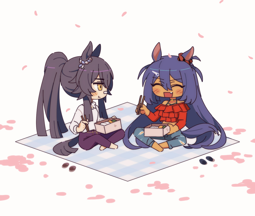 2girls animal_ears bandaid bandaid_on_face bandaid_on_nose bare_shoulders bento black_hair blush breasts chibi chopsticks closed_eyes closed_mouth dark-skinned_female dark_skin denim ear_ribbon ear_scrunchie fang food hair_between_eyes hair_ornament hairclip highres hishi_amazon_(casual)_(umamusume) hishi_amazon_(umamusume) holding holding_bento holding_chopsticks horse_ears horse_girl horse_tail hwipa_(param_blue) jeans long_hair long_sleeves midriff multiple_girls narita_brian_(casual)_(umamusume) narita_brian_(umamusume) off-shoulder_shirt off_shoulder open_mouth pants petals picnic_blanket ponytail purple_pants red_shirt rice shirt shoes sitting smile sweater tail torn_clothes torn_jeans torn_pants umamusume unworn_shoes very_long_hair white_sweater yellow_eyes