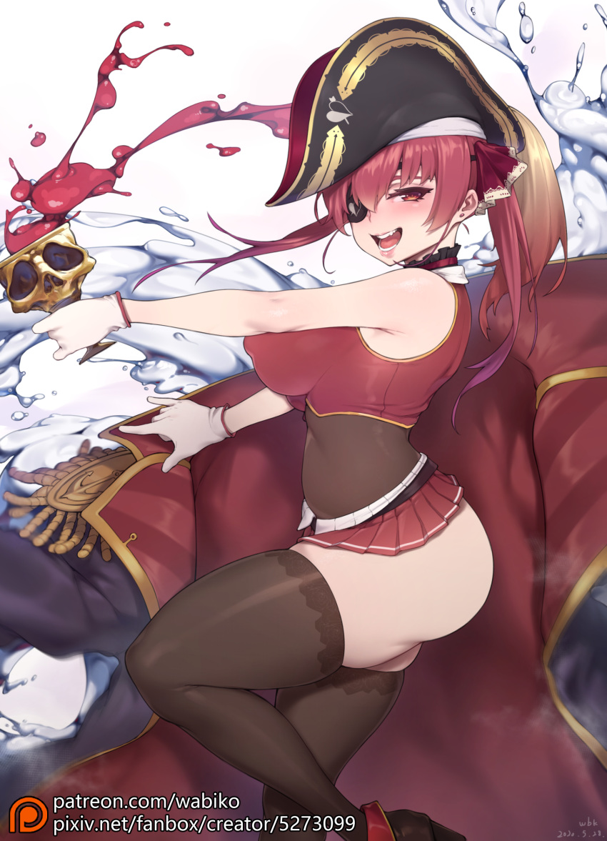 1girl :d alcohol ass bare_shoulders black_legwear blush breasts covered_nipples cup earrings eyebrows_visible_through_hair eyepatch hat high_heels highres hololive houshou_marine jewelry kakuchou_no_ou long_hair looking_at_viewer open_mouth pirate_hat red_eyes red_hair sleeveless smile solo teeth thighhighs twintails virtual_youtuber water white_background wine