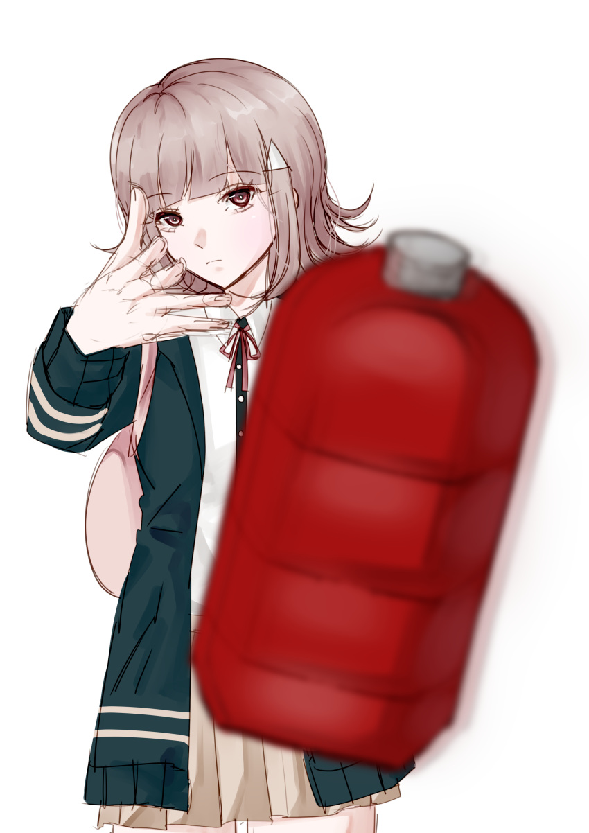 1girl absurdres backpack bag blurry bottle brown_hair brown_skirt closed_mouth collared_shirt commentary_request danganronpa_(series) danganronpa_2:_goodbye_despair eyelashes green_jacket hair_ornament highres incoming_object jacket kurosshe long_sleeves medium_hair meme nanami_chiaki neck_ribbon open_clothes open_jacket pink_bag pink_eyes pink_ribbon ribbon shirt simple_background skirt solo spoilers throwing white_background white_shirt woe_plague_be_upon_ye_(meme)