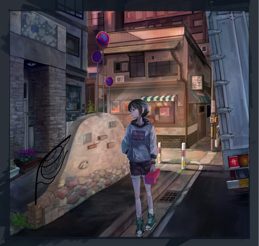 1girl awning black_hair black_shorts building cabbage_kizamiyarou day flower grate ground_vehicle highres motor_vehicle original road_sign shoes short_hair shorts sign sneakers solo standing toolbox truck watch wristwatch