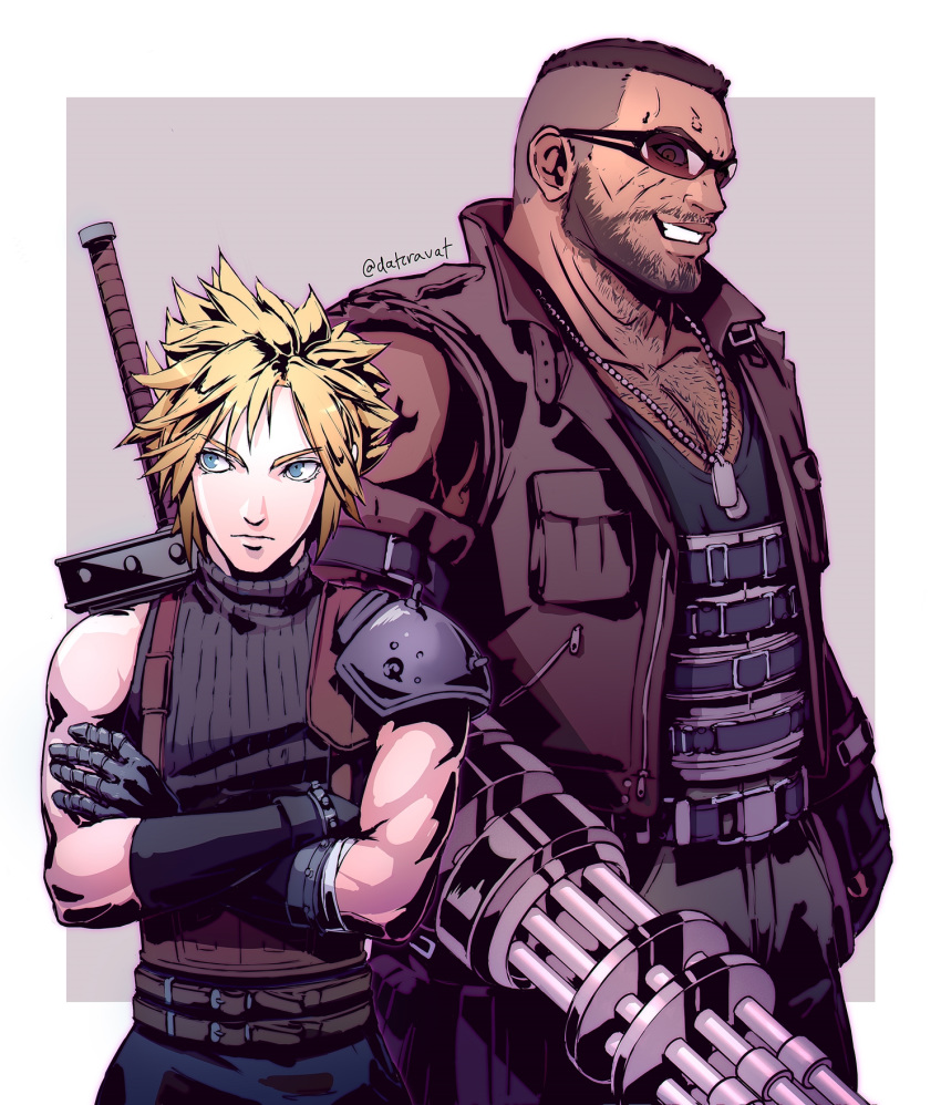 2boys arm_cannon bare_arms barret_wallace beard belt blonde_hair blue_eyes border brown_hair buster_sword chest_hair closed_mouth cloud_strife commentary cowboy_shot crossed_arms dark_skin dark_skinned_male datcravat dog_tags facial_hair final_fantasy final_fantasy_vii final_fantasy_vii_remake gauntlets grin highres male_focus multiple_boys muscle outside_border pauldrons serious shoulder_armor sleeveless sleeveless_turtleneck smile spiked_hair sunglasses sword sword_behind_back turtleneck twitter_username vest weapon white_border