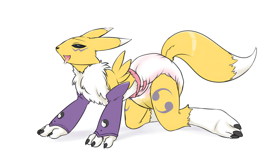 all_fours anthro armwear blue_eyes bodily_fluids clothing craymin diaper digimon digimon_(species) digitigrade dipstick_tail drooling fur furgonomics genital_fluids hi_res kneeling leaking_diaper multicolored_tail open_mouth renamon saliva simple_background solo tongue tongue_out urine wet_diaper wetting white_background white_body white_fur yellow_body yellow_fur