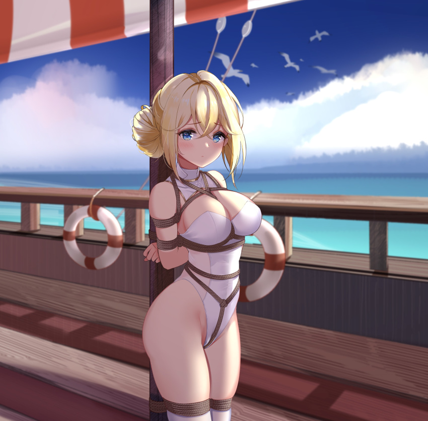 1girl absurdres alternate_costume azur_lane bare_shoulders bdsm bird blonde_hair blue_eyes blush boat bondage bound breasts closed_mouth cloud crotch_rope day eyebrows_visible_through_hair formal hair_ornament highres jeanne_d'arc_(azur_lane) large_breasts lifebuoy looking_at_viewer mimori_(etnp8853) ocean outdoors restrained seagull ship short_hair sky solo suit thighhighs thighs tied_up watercraft white_legwear white_suit
