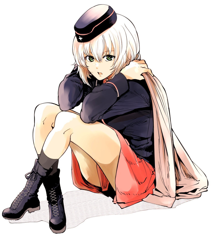 1girl ankle_boots bangs black_footwear black_headwear black_jacket black_legwear blue_eyes bonkara_(sokuseki_maou) boots brown_coat coat coat_on_shoulders commentary cross-laced_footwear full_body garrison_cap girls_und_panzer hat highres insignia itsumi_erika jacket kuromorimine_military_uniform lace-up_boots long_sleeves looking_at_viewer medium_hair military military_hat military_uniform miniskirt open_mouth pleated_skirt red_skirt shadow silver_hair simple_background sitting skirt socks solo uniform white_background