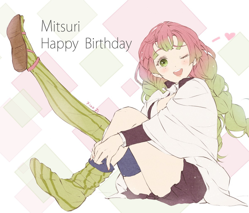 1girl ;d bangs black_skirt character_name giselle_(gisellechuchu) gradient_hair green_eyes green_hair green_legwear haori happy_birthday heart jacket japanese_clothes kanroji_mitsuri kimetsu_no_yaiba long_hair long_sleeves loose_thighhigh mole mole_under_eye multicolored_hair one_eye_closed open_mouth pink_hair pleated_skirt sandals skirt smile solo thighhighs_pull very_long_hair white_jacket wide_sleeves