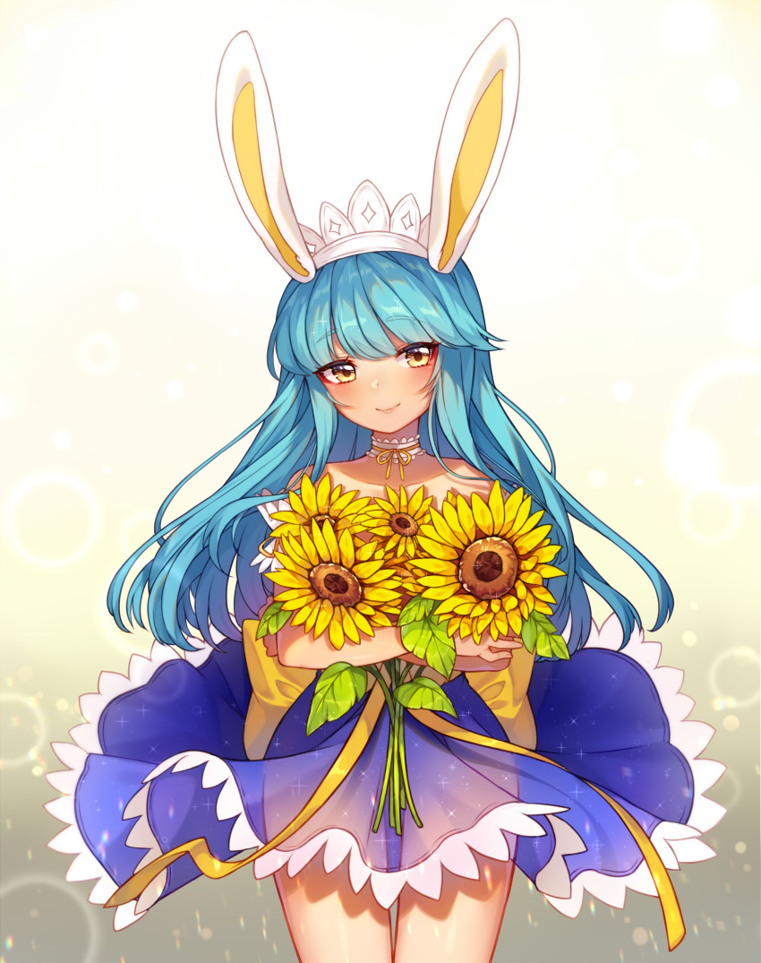 1girl absurdres animal_ears bangs bare_shoulders blue_dress blue_hair blunt_bangs blush brown_eyes bunny_ears closed_mouth collarbone crossed_arms dress eyebrows_visible_through_hair fake_animal_ears flower hairband highres holding holding_flower long_hair looking_at_viewer oma-chi original ribbon smile solo sunflower yellow_ribbon