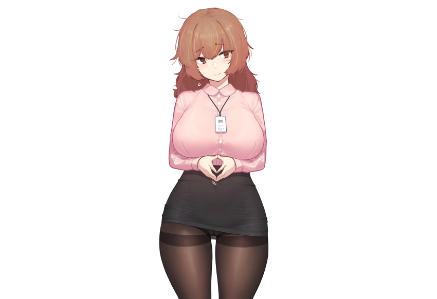 breast_hold breasts brown_eyes brown_hair cropped dev original pantyhose shirt skintight skirt white