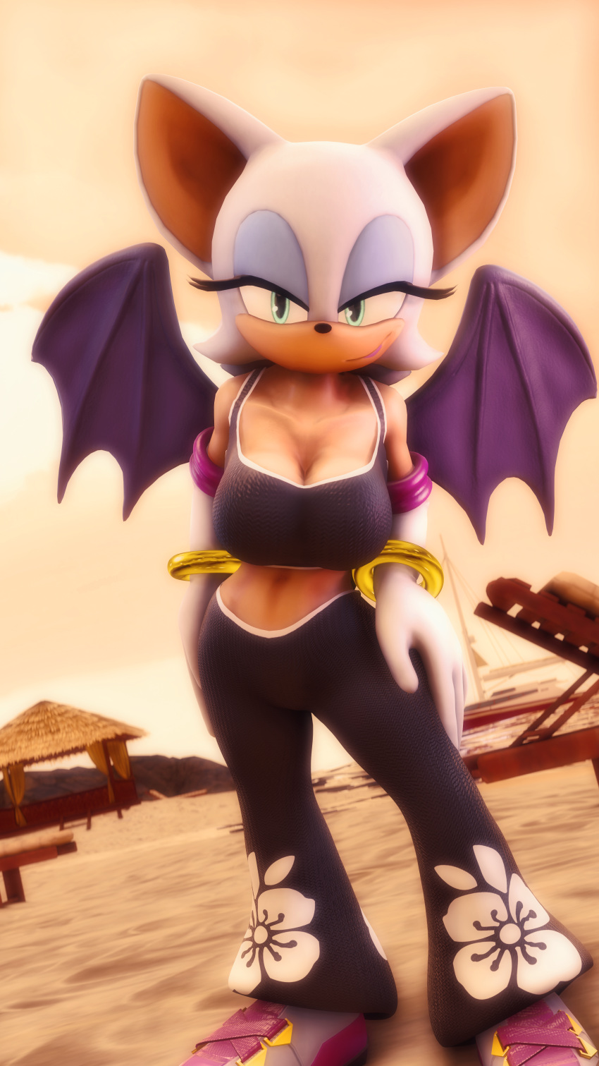 3d_(artwork) absurd_res beach bracelet breasts chiropteran cleavage clothed clothing digital_media_(artwork) female fully_clothed gloves handwear hi_res jewelry looking_at_viewer mammal rouge_the_bat seaside smile solo sonic_the_hedgehog_(series) sonicfoxhound wings