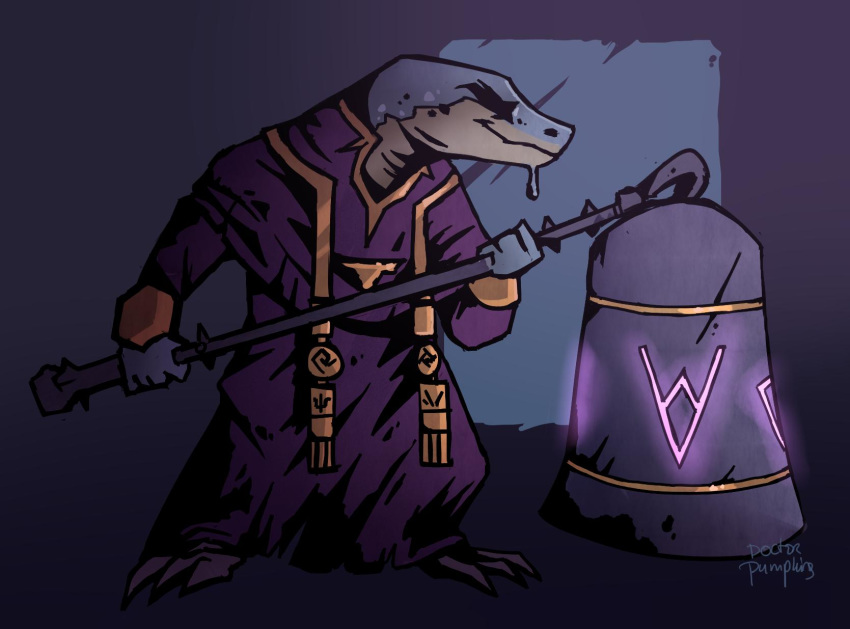 anthro armello bell bodily_fluids clothed clothing darkest_dungeon doctorpumpkins drooling hi_res komodo_dragon lizard male monitor_lizard reptile saliva scales scalie solo video_games volodar