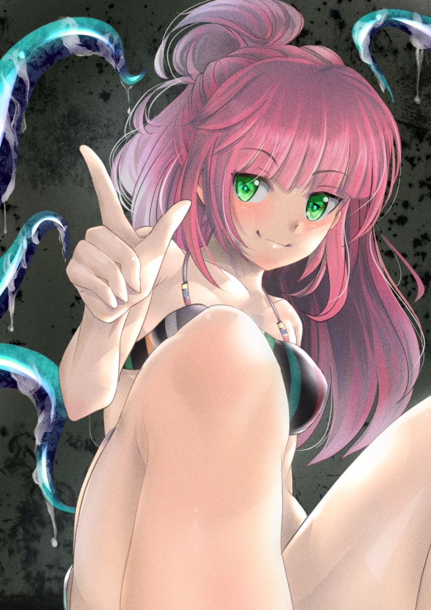 1girl airport96 alice_gear_aegis bikini blush closed_mouth eyebrows_visible_through_hair fujino_yayoi green_eyes highres ponytail red_hair slimy solo striped striped_bikini swimsuit tentacles