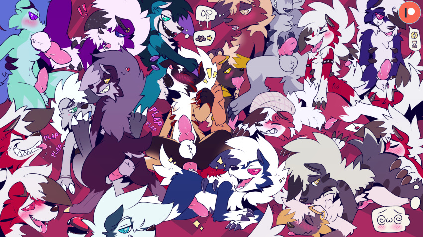 &lt;3 16:9 ahegao all_fours anal anal_penetration animal_genitalia animal_penis balls blush canine_penis doggystyle eyewear feral from_behind_position genitals glasses grin group group_sex hi_res knot large_group licking looking_pleasured lycanroc lying male male/male midnight_lycanroc missionary_position nintendo on_back oral orgy patreon_logo penetration penis pink_penis plap_(sound) pok&eacute;ball pok&eacute;mon pok&eacute;mon_(species) rimming sex sheath shiny_pok&eacute;mon smile teeth tongue tongue_out video_games widescreen zappy