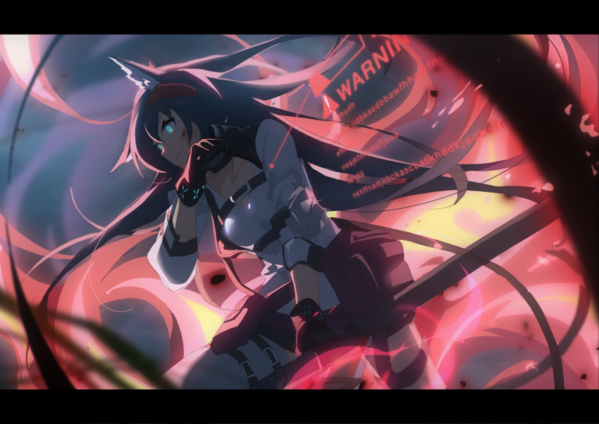 1girl action animal_ear_fluff animal_ears aqua_eyes arknights bag belt belt_pouch black_gloves black_skirt blaze_(arknights) blood blood_on_face blue_hair breasts cat_ears chainsaw chinese_commentary closed_mouth gloves hairband highres holding_chainsaw hologram injury kagura_tohru letterboxed long_hair medium_breasts miniskirt pouch satchel shirt sign skirt smile solo thigh_strap thighhighs warning_sign white_legwear white_shirt wiping_chin