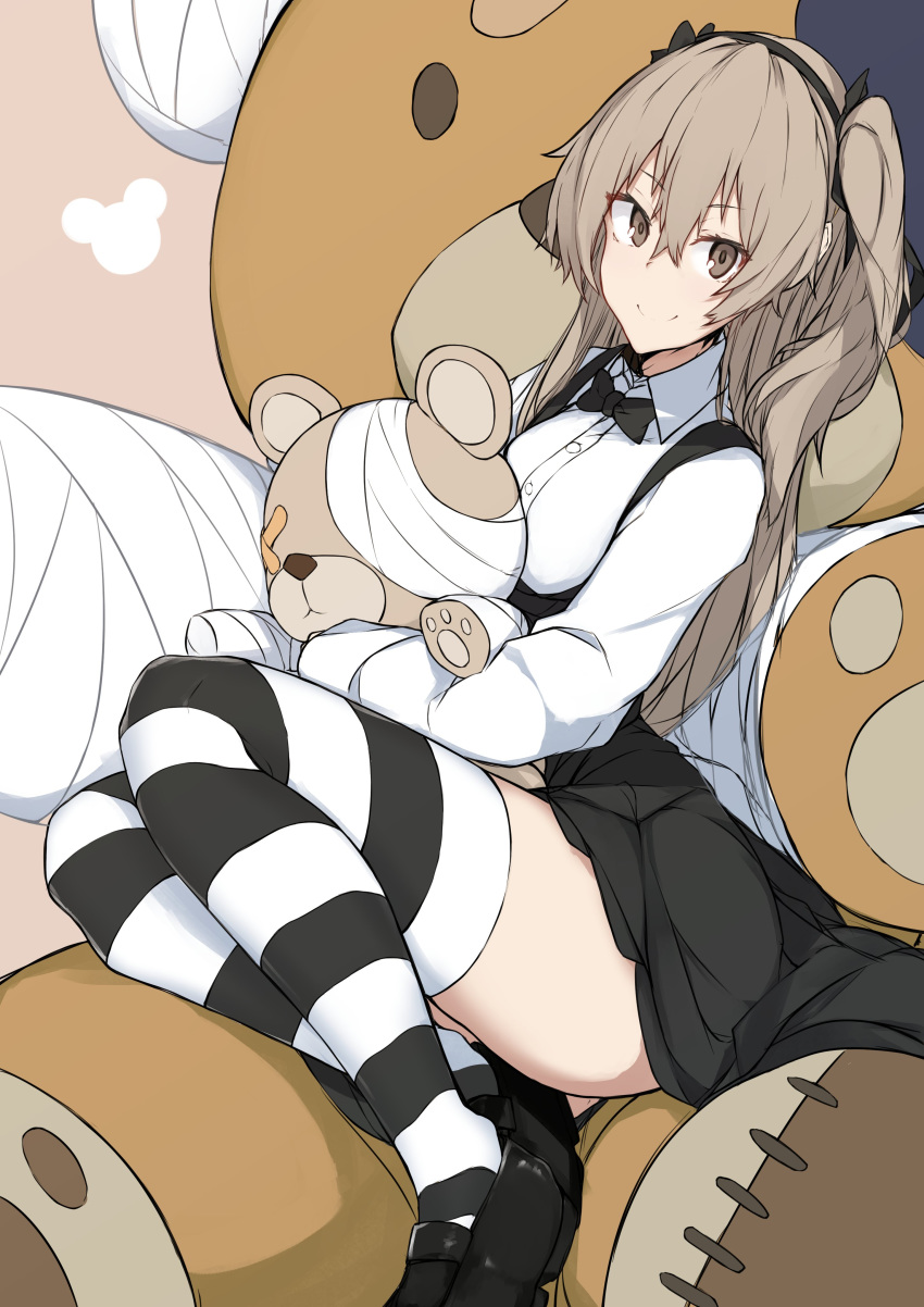 1girl absurdres animal_print bandages bangs bear_print black_footwear black_legwear black_neckwear black_ribbon black_skirt boko_(girls_und_panzer) bow bowtie brown_eyes casual closed_mouth collared_shirt commentary girls_und_panzer hair_ribbon high-waist_skirt highres holding holding_stuffed_animal legs light_brown_hair long_hair long_sleeves looking_at_viewer mary_janes miniskirt nanakaku one_side_up oversized_object ribbon shimada_arisu shirt shoes sitting skirt smile solo striped striped_legwear stuffed_animal stuffed_toy suspender_skirt suspenders teddy_bear thighhighs white_shirt