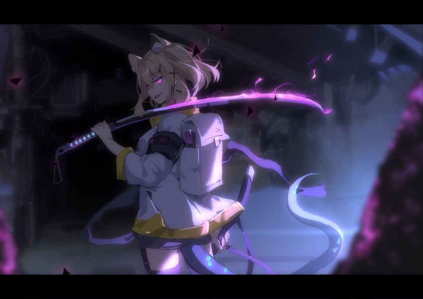 1girl animal_ear_fluff animal_ears arknights armband back backpack bag black_legwear blonde_hair chinese_commentary cowboy_shot from_behind glowing glowing_eyes glowing_sword glowing_weapon hair_ornament hairclip highres holding holding_sheath holding_sword holding_weapon jacket kagura_tohru katana letterboxed looking_at_viewer looking_back open_mouth purple_eyes scabbard sheath short_shorts shorts smile smug solo sword tail thighhighs unsheathed utage_(arknights) weapon white_jacket