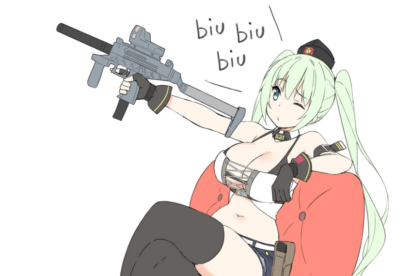 1girl bangs black_legwear breasts cleavage commentary_request eyebrows_visible_through_hair girls_frontline gloves green_eyes green_hair gun hat large_breasts long_hair micro_uzi_(girls_frontline) mod3_(girls_frontline) navel plump shorts sky_(freedom) solo thighhighs twintails very_long_hair weapon