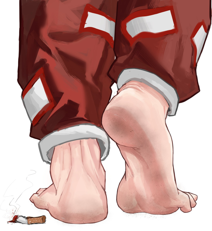 1girl absurdres barefoot cigarette cigarette_butt close-up commentary dirty dirty_feet feet feet_only foot_focus from_behind fujiwara_no_mokou highres jager ofuda ofuda_on_clothes pants plantar_flexion red_pants simple_background smoke soles solo toes touhou untranslatable_commentary white_background