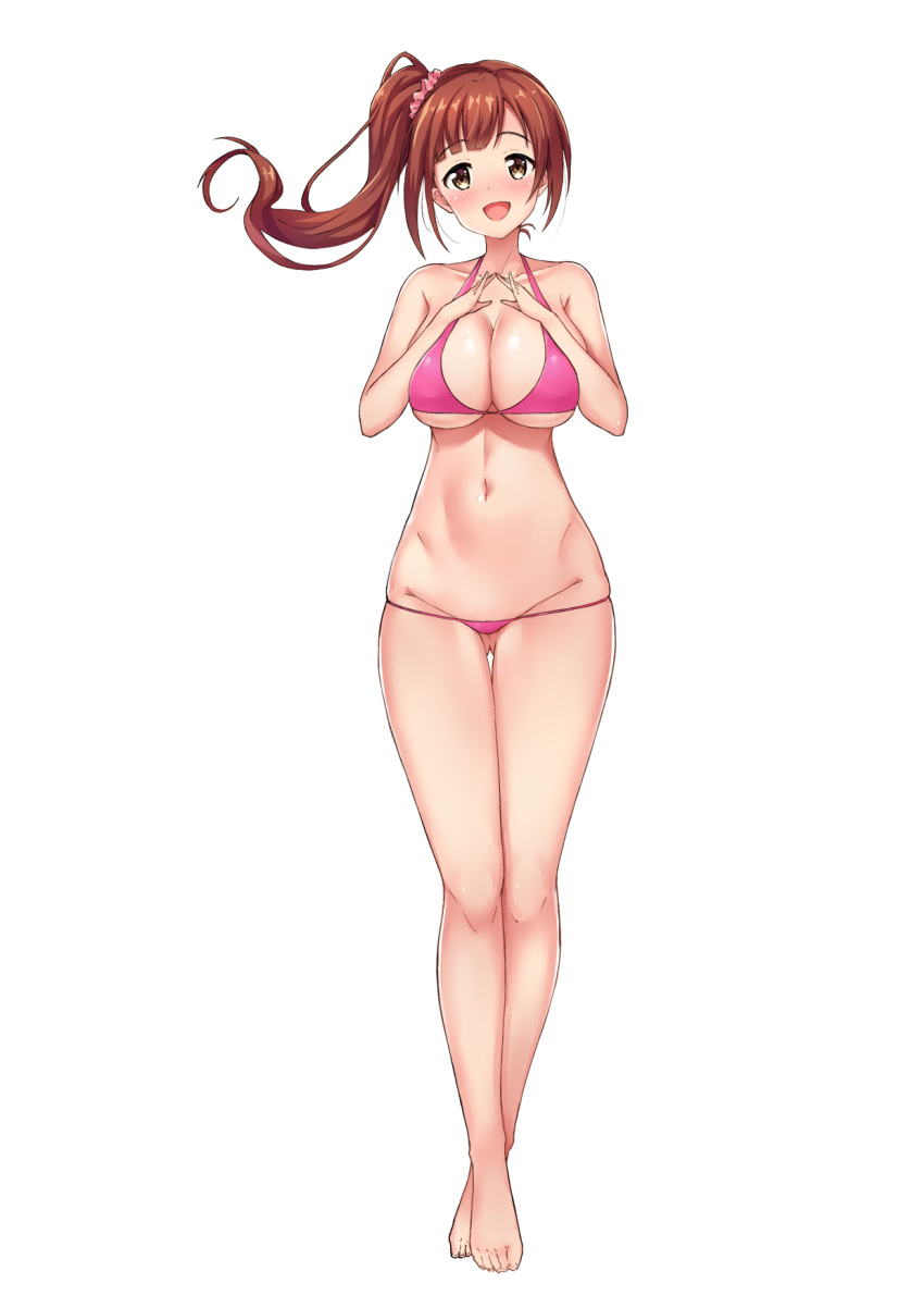 1girl :d ass_visible_through_thighs bangs barefoot bikini blush breasts brown_hair cleavage collarbone commentary_request crossed_ankles eyebrows_visible_through_hair feet full_body hands_together highres idolmaster idolmaster_cinderella_girls igarashi_kyouko knees large_breasts long_hair nakasima-syouta navel open_mouth pink_bikini ponytail scrunchie simple_background smile solo standing swimsuit tied_hair toes tongue white_background