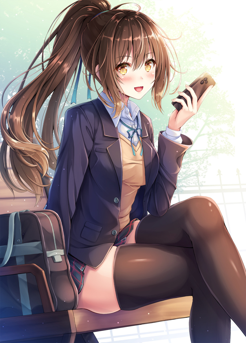1girl akashio_(loli_ace) bag black_legwear black_skirt blazer blue_jacket breasts brown_hair brown_sweater buttons cellphone collared_shirt crossed_legs highres holding jacket long_hair looking_at_viewer medium_breasts miniskirt open_clothes open_jacket open_mouth original phone ponytail school_bag school_uniform shirt sidelocks sitting skindentation skirt smartphone smile solo sweater thighhighs undershirt white_shirt wing_collar yellow_eyes