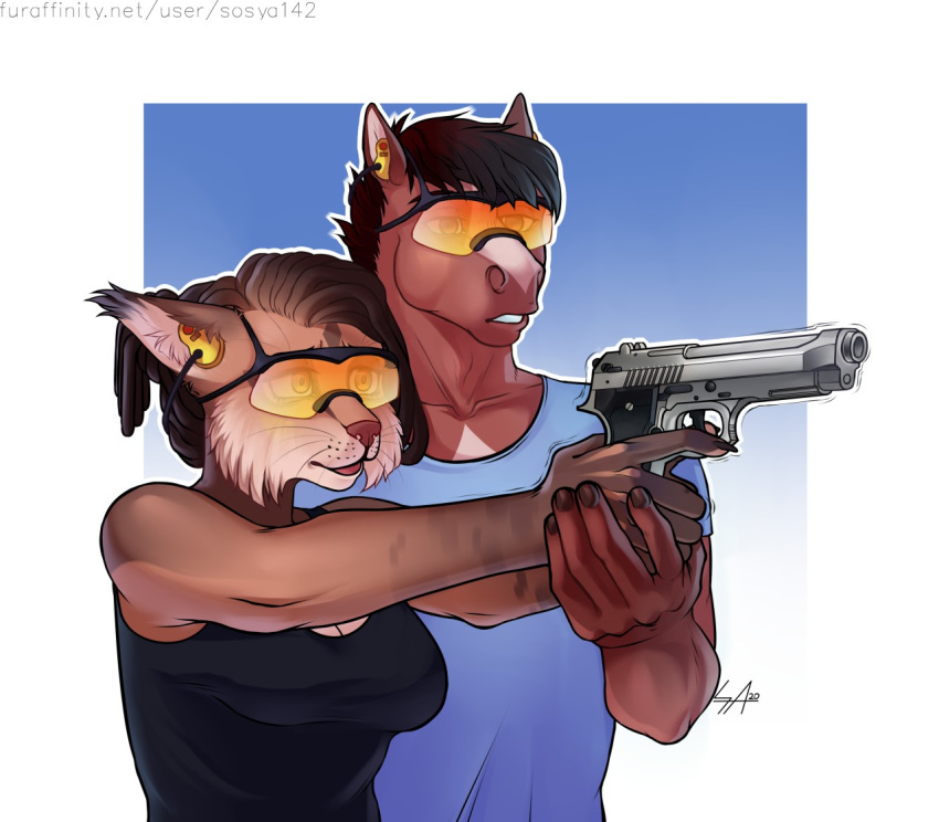 2020 5_fingers aiming aiming_weapon anthro big_breasts black_clothing black_shirt black_topwear breasts brown_body brown_fur brown_hair cheek_tuft citra_(sosya142) clothed clothing dark_fur dark_shirt digital_media_(artwork) draft_horse dreadlocks duo ear_tuft earmuffs equid equine eyebrows eyewear facial_tuft felid feline female fingers fur goggles gradient_background gun hair handgun holding_object holding_weapon horse kenneth_(sosya142) light_fur light_shirt looking_forward lynx male mammal multicolored_body multicolored_fur pistol ranged_weapon shaking shirt signature simple_background sosya142 standing t-shirt tank_top topwear trembling tuft two_tone_body two_tone_fur weapon wearing_goggles white_body white_fur