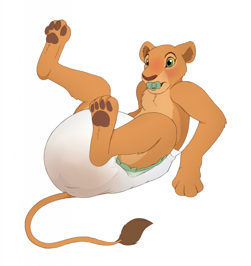 2020 blush caught diaper disney feces felid female feral fur green_eyes hi_res lion lying mammal messy_diaper messyszop nala on_back pacifier pantherine pawpads raised_leg soiling solo the_lion_king yellow_sclera