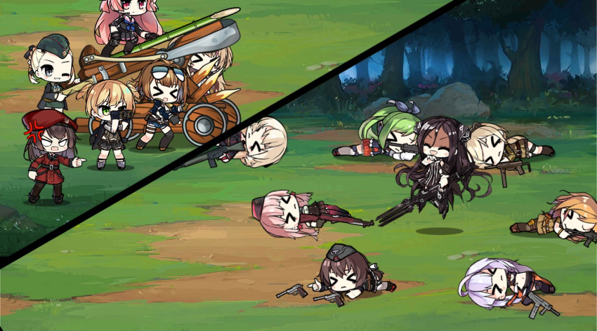 &gt;_&lt; 6+girls anger_vein bamboo bangs beret black_hair black_skirt blonde_hair blunt_bangs brown_hair chibi closed_mouth commander_(girls_frontline) dreamer_(girls_frontline) eyewear_on_head galil_(girls_frontline) girls_frontline gloves green_eyes green_hair grizzly_mkv_(girls_frontline) gun hat highres holding holding_gun holding_weapon long_hair long_sleeves lying m3_grease_gun_(girls_frontline) military military_uniform multiple_girls ntw-20_(girls_frontline) on_back on_stomach one_eye_closed open_mouth pink_eyes pink_hair sangvis_ferri short_hair short_twintails skirt standing sunglasses the_mad_mimic twintails uniform weapon welrod_mk2_(girls_frontline) white_gloves