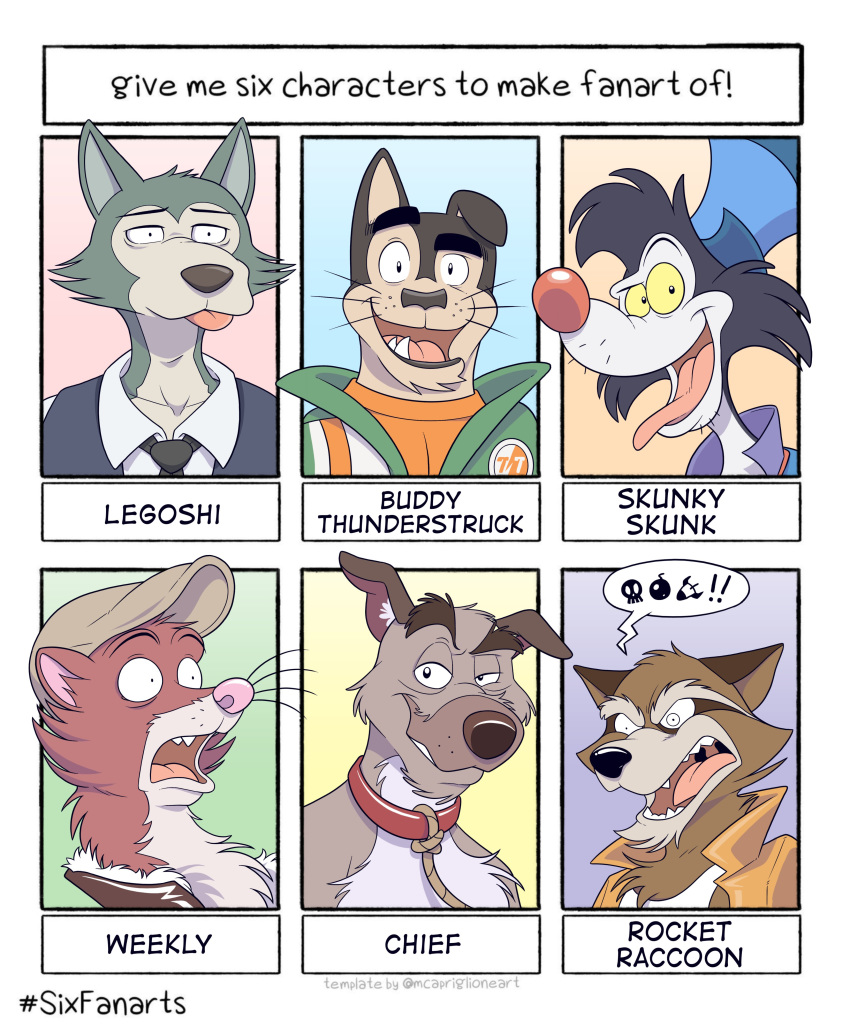 2020 absurd_res angry anti_dev beastars black_body black_fur black_necktie black_nose blacksad blep bonkers_(series) brown_body brown_fur brown_nose buddy_thunderstruck_(character) buddy_thunderstruck_(series) canid canine canis chief_(tfath) clothing collar disney domestic_dog english_text eyebrows fangs flat_cap fox_and_the_hound fur grey_body grey_fur group guardians_of_the_galaxy hat headgear headwear hi_res inner_ear_fluff jacket least_weasel legoshi_(beastars) looking_at_viewer mammal marvel mephitid mustela mustelid musteline necktie open_mouth open_smile pink_nose raised_eyebrow red_collar red_nose rocket_raccoon shirt shocked six_fanarts_challenge skunk skunky_skunk smile smirk striped_skunk tan_body tan_fur tank_top teeth text tongue tongue_out top_hat topwear tuft weekly whiskers white_body white_fur wolf