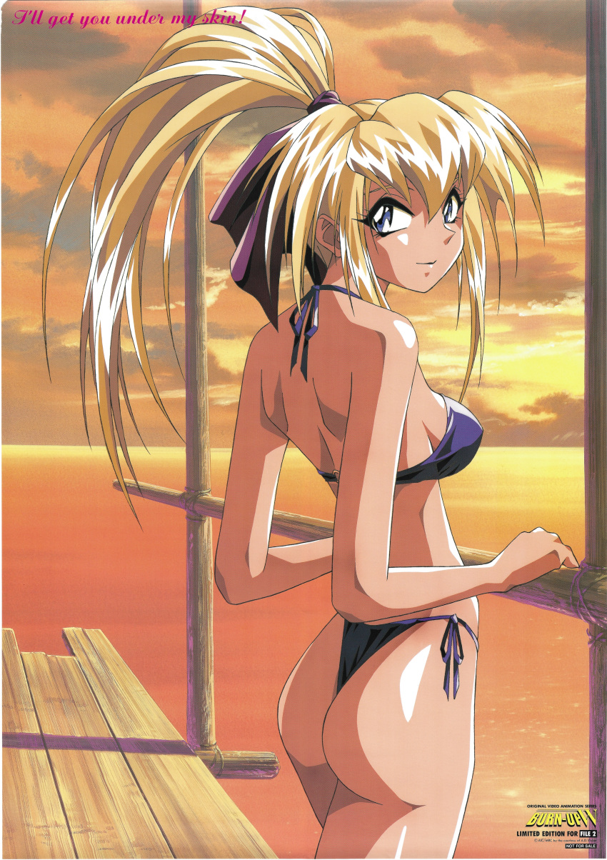 1990s_(style) 1girl absurdres ass bikini blonde_hair blue_bikini blue_eyes burn-up_w copyright_name cowboy_shot dusk halter_top halterneck high_ponytail highres kinezono_rio light_smile logo long_hair looking_at_viewer not_for_sale ocean official_art scan shiny shiny_hair side-tie_bikini solo standing swimsuit