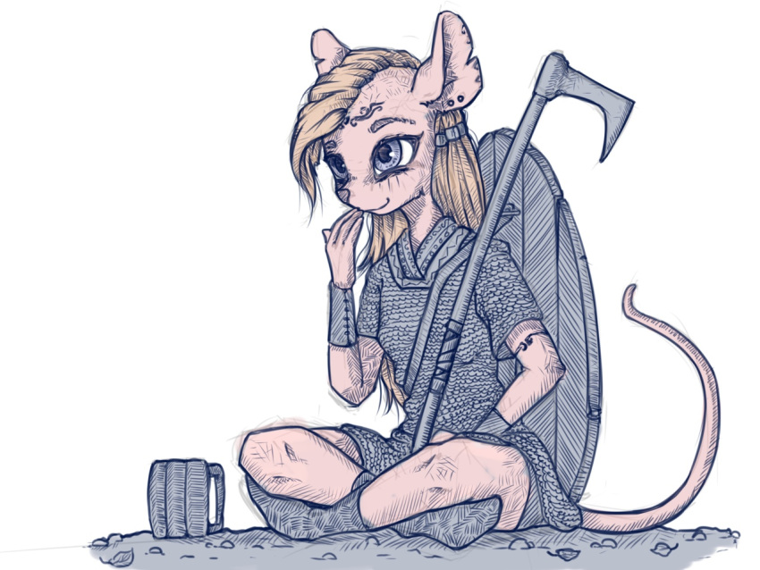2020 4:3 4_fingers anthro blonde_hair blue_eyes chainmail clothed clothing digital_media_(artwork) female fingers hair madhotaru mammal melee_weapon mouse murid murine plantigrade rodent sitting solo waraxe weapon