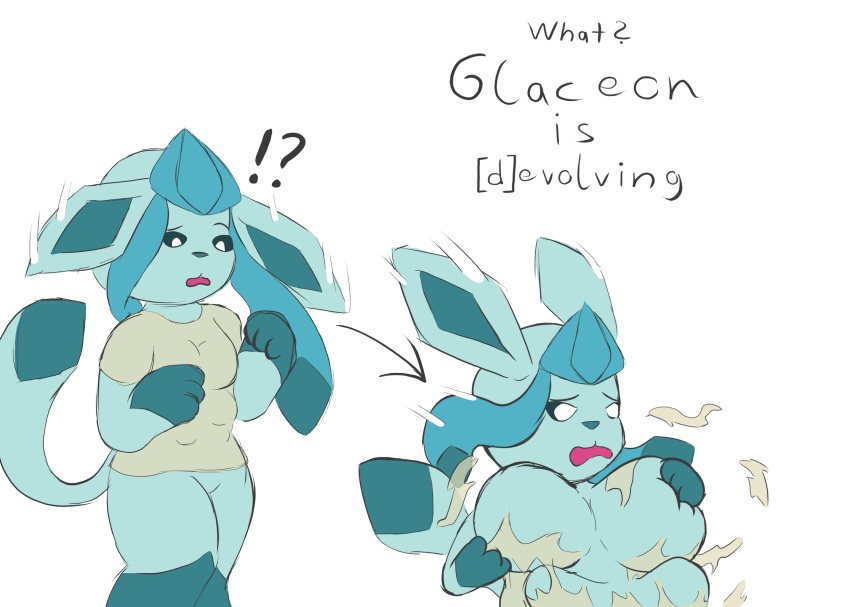 2020 6_breasts ?! absurd_res anthro big_breasts blue_body breast_growth breasts clothed clothing digital_drawing_(artwork) digital_media_(artwork) eeveelution falling featureless_breasts featureless_crotch female glaceon hi_res mammal multi_breast multi_breast_growth multicolored_body nintendo open_mouth paws pok&eacute;mon pok&eacute;mon_(species) psychpsy psychpsyo sequence shirt simple_background solo standing surprise text topwear torn_clothing transformation video_games white_background