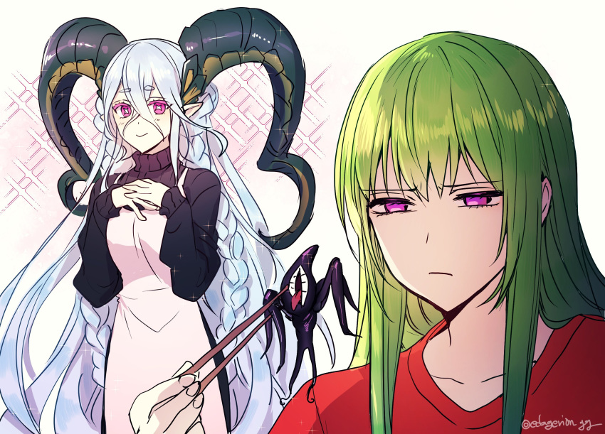 1girl 1other chopsticks fate/grand_order fate_(series) green_hair highres kingu_(fate) lahmu purple_eyes red_shirt shirt sparkle tiamat_(fate/grand_order)