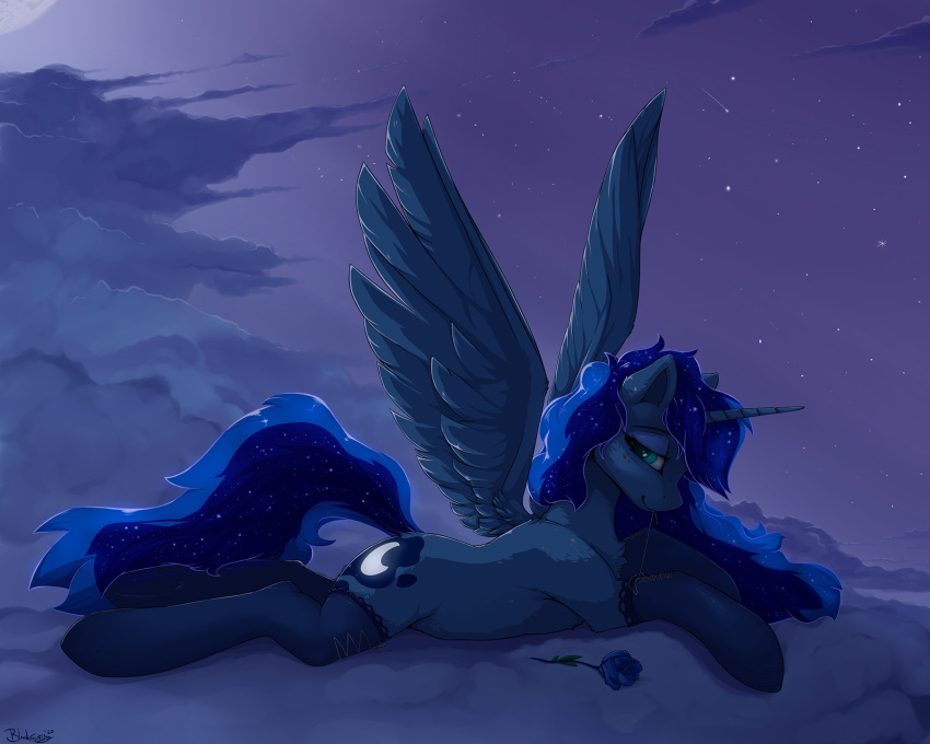 2020 5:4 blackkaries blue_eyes cosmic_hair cutie_mark detailed_background digital_media_(artwork) equid ethereal_hair eyebrows eyelashes feathered_wings feathers friendship_is_magic hi_res hooves horn mammal my_little_pony night outside princess_luna_(mlp) pseudo_hair sky star starry_sky winged_unicorn wings