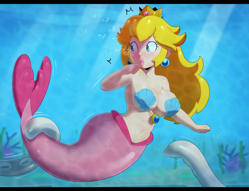 2020 5_fingers big_breasts blonde_hair blue_eyes breasts crown detailed_background ear_piercing eyelashes female fin fingers front_view hair hi_res jewelry legless light_scales light_skin lips long_hair looking_back marine mario_bros merfolk motion_lines navel nintendo pale_skin piercing pink_body pink_scales princess_peach royalty scales seashell_bra solo_focus somescrub suction_cup surprise swimming tail_fin tan_body tan_skin tentacles thick_lips underwater video_games water wide_hips