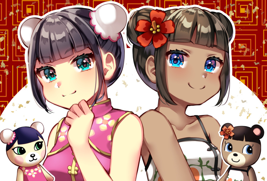 2girls bangs bare_shoulders bear black_hair blue_eyes blunt_bangs breasts brown_hair bun_cover chinese_clothes closed_mouth collarbone dark_skin double_bun doubutsu_no_mori dual_persona eyebrows_visible_through_hair flower hair_flower hair_ornament hand_up jasmine_(doubutsu_no_mori) looking_at_viewer maitacoco may_(doubutsu_no_mori) multiple_girls personification red_flower short_hair sleeveless small_breasts smile tank_top upper_body